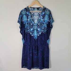 LAUREN RALPH LAUREN Women's Blue Paisley Beach Dress Sz M Waist Tie Short Sleeve